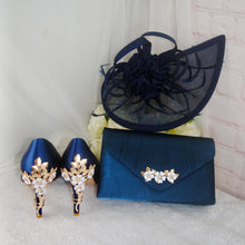 Load image into Gallery viewer, Navy Satin Heels: Silver Floral Cherry Blossom Embellishment