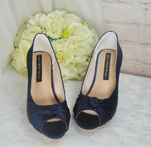 Load image into Gallery viewer, Navy Blue Satin Peep Toe Wedding Heels: Custom Bridesmaid Shoes UK8/US10.5