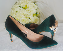 Load image into Gallery viewer, Green Velvet Wedding Shoes with 'Cherry Blossom'