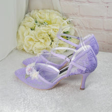 Load image into Gallery viewer, Pastel Lilac Bridal Sandals: Embroidered 3D Flower Kitten Heel Shoes UK7/US9.5