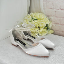 Load image into Gallery viewer, Ivory Satin Bridal Flats – Pointed Toe Wedding Flats with Pearl Ankle Strap • UK4/US6.5