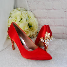 Load image into Gallery viewer, Red Satin Heels: Floral Cherry Blossom Mother of the Bride Shoes