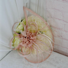 Load image into Gallery viewer, Nude Satin Bridal Set – Block Heel Shoes, Satin Clutch Bag & Sinamay Fascinator • UK4/US6.5