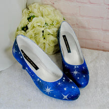 Load image into Gallery viewer, Hand-Painted Celestial Wedding Shoes – Blue Galaxy Low Heels