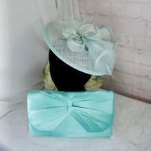 Load image into Gallery viewer, Mint Green Wedding Fascinator Hat & Clutch Bag Set: Handmade Bridal Accessories