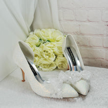 Load image into Gallery viewer, Ivory Shimmer Wedding Heels: Handmade Satin Bridal Shoes with Pearl & Sequin Bow UK5/US7.5