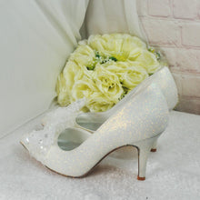 Load image into Gallery viewer, Beautiful Ivory Shimmer Wedding Shoes with Bow, Embellished Bridal Shoes, Wedding Heels for Bride, D'Orsay Wedding Heels with Bow