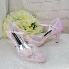 Load image into Gallery viewer, Bridal Kitten Heel Shoes – Embroidered Satin Wedding Sandals With 3D Flower  UK5/US7.5