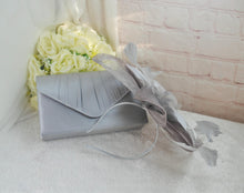 Load image into Gallery viewer, Silver Satin Bridal Set: Heels, Clutch Bag & Fascinator