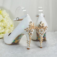 Load image into Gallery viewer, Ivory Shimmer Pointed Toe Shoes with Cherry Blossom Embellishment - UK7 - Ready to Dispatch