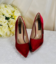 Load image into Gallery viewer, Burgundy Satin Bridal Shoes | Custom Made Comfortable Wedding Heels with Cherry Blossom Detail • UK5 / US7.5