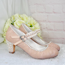 Load image into Gallery viewer, Champagne Bridal Shoes - Vintage Mary Janes with Lace Pearl Heels & 8cm Block Heel - UK3 / US5.5