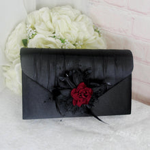 Load image into Gallery viewer, Black Gothic Bridal Set: Handmade Clutch, Sinamay Fascinator, Satin Stiletto Heel Shoes, Floral Rose