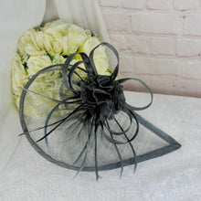 Load image into Gallery viewer, Dark Grey Hatinator & Clutch Bag Set: Handmade Wedding Fascinator