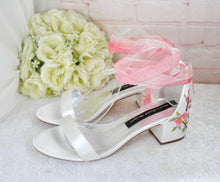 Load image into Gallery viewer, Ivory Block Heel Sandals with Embroidered Flowers - UK7 - Ready to Dispatch