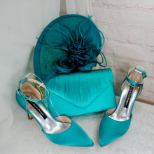 Load image into Gallery viewer, Teal Satin Bridal Set: Handmade Heels, Clutch Bag & Fascinator