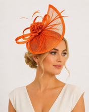 Load image into Gallery viewer, Orange Satin Clutch Bag and Fascinator Set, Handmade Bridal Hatinator