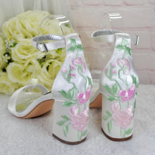 Load image into Gallery viewer, Bridal Block Heel Sandals – Handmade Satin Wedding Shoes With Pastel Floral Embroidery • UK5/US7.5