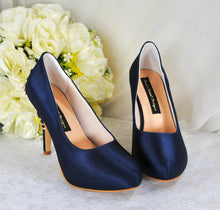 Load image into Gallery viewer, Navy Blue Satin Heels with Cherry Blossom Floral Heel Embellishment UK8/US10.5