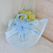 Load image into Gallery viewer, Bridal Fascinator and Satin Clutch Purse Set, Light Blue Hatinator and Bag