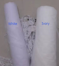 Load image into Gallery viewer, two rolls of white and ivory fabric, with the word "White" and "Ivy" written on them, respectively.