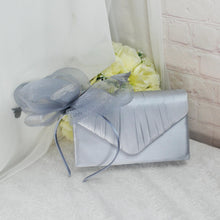 Load image into Gallery viewer, Silver Grey Fascinator and Clutch Bag Set: Handmade Satin Wedding Outfit