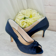 Load image into Gallery viewer, Navy Blue Satin Peep Toe Wedding Heels: Custom Bridesmaid Shoes UK8/US10.5
