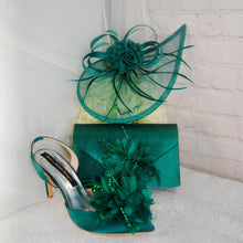 Load image into Gallery viewer, Emerald Green Satin Heel, Clutch & Fascinator Set: Handmade Wedding Guest Outfit