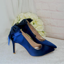 Load image into Gallery viewer, Navy Satin Heels - Handmade Bridal Stiletto Shoes with Sparkling Bow Detail UK4/US6.5