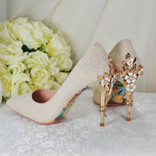Load image into Gallery viewer, Champagne Gold Wedding Shoes - Handmade Satin Bridal Shimmer Pumps With Cherry Blossom Embellishment • Size UK3/US5.5