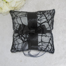 Load image into Gallery viewer, Gothic Wedding, Halloween Ring Pillow: Sparkling Cobweb Spider Bridal Rings