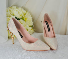 Load image into Gallery viewer, Champagne Gold Wedding Shoes - Handmade Satin Bridal Shimmer Pumps With Cherry Blossom Embellishment • Size UK3/US5.5