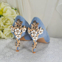 Load image into Gallery viewer, LAST ONE 6cm Heel Blue Suede Cherry Blossom Heels - UK3/US5.5