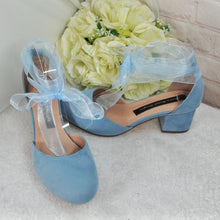 Load image into Gallery viewer, Blue Suede Low Heel Bridal Sandals, Wedding Shoes with Ankle Strap, Bridal Shoes with Block Heel