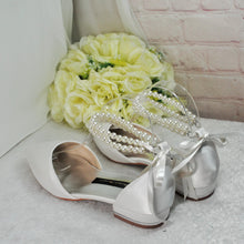 Load image into Gallery viewer, Ivory Satin Bridal Flats – Pointed Toe Wedding Flats with Pearl Ankle Strap • UK4/US6.5
