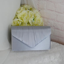 Load image into Gallery viewer, Silver Satin Bridal Set: Handmade Heels, Clutch & Fascinator