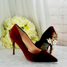 Load image into Gallery viewer, Luxurious Wine Red Velvet Wedding Shoes with 'Cherry Blossom'