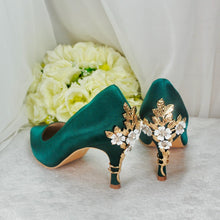 Load image into Gallery viewer, Emerald Green Satin Bridal Shoes: Gold Floral Blossom Heel
