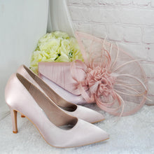 Load image into Gallery viewer, Handmade Pink Satin Bridal Set: Heels, Clutch Bag & Fascinator