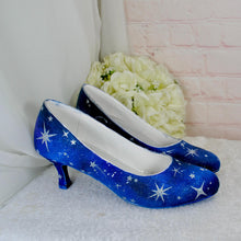 Load image into Gallery viewer, Hand-Painted Celestial Wedding Shoes – Blue Galaxy Low Heels