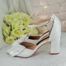 Load image into Gallery viewer, Bridal Block Heel Sandals - White Satin Bow, Handmade Comfortable Wedding Shoes UK5 US7.5
