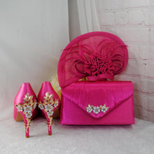 Load image into Gallery viewer, Hot Pink Satin Heels: Golden Cherry Blossom Bridal Shoes