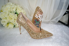 Load image into Gallery viewer, Gold Bridal Shoes - Handmade Satin Pointed Toe Court Shoes with Cherry Blossom Heels UK4/US6.5