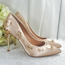 Load image into Gallery viewer, Champagne Satin Bridal Shoes: Gold Filigree Vine Wedding Heels
