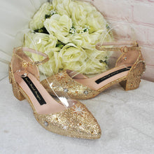 Load image into Gallery viewer, Champagne Gold Glitter Bridal Shoes: Celestial Star & Moon Block Heel Wedding Heels