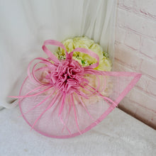 Load image into Gallery viewer, Pink Satin Bridal Set: Heels, Clutch, Fascinator - Handmade Wedding Guest Outfit