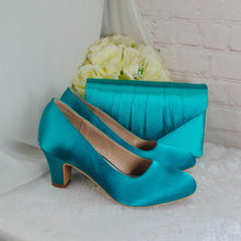Load image into Gallery viewer, Teal Satin Bridal Set: Handmade Block Heels, Clutch, Fascinator