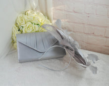 Load image into Gallery viewer, Silver Grey Fascinator Hat and Satin Clutch Bag Set
