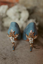 Load image into Gallery viewer, Blue Suede Wedding Heels: Cherry Blossom Embellished Bridal Shoes - UK3/US5.5