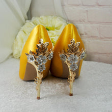 Load image into Gallery viewer, Yellow Satin Wedding Heels: Cherry Blossom Bridal Shoes UK6/US8.5